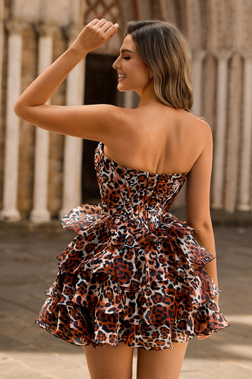 Khaki Leopard Sweetheart Corset A-Line Homecoming Dress With Ruffles